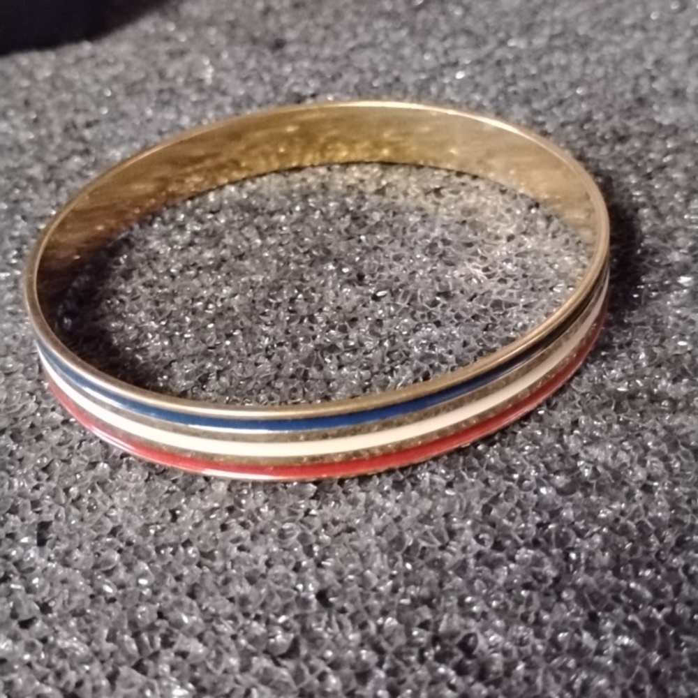 Gold Tone Bangle with Red and Blue Stripes - Picture 3 of 4
